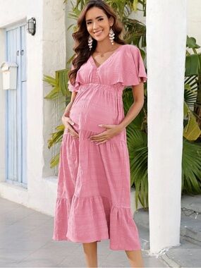 M5 YesFashion Maternity Smocked Ruffle Tiered Tie Back Dress - Size: Large